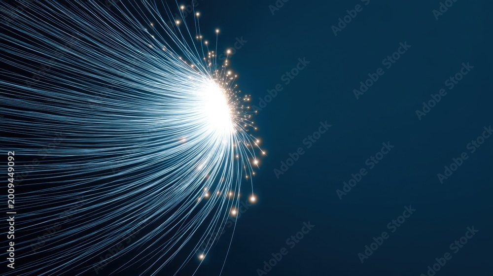 Obraz premium Abstract illustration of dynamic light trails with glowing particles on a deep blue background representing motion and energy in a modern digital aesthetic