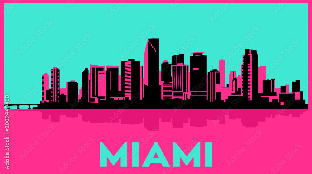 Fototapeta premium Miami Skyline Illustration in Neon Pink and Cyan with Reflection, Modern Retro Cityscape Vector