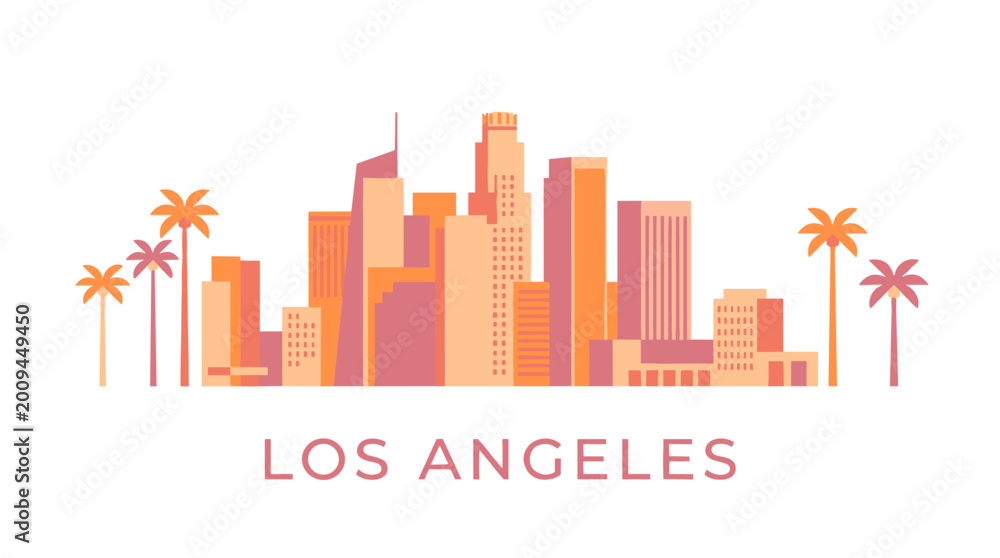 Fototapeta premium Sunset Los Angeles Skyline Illustration with Palm Trees and Trendy Retro Colors