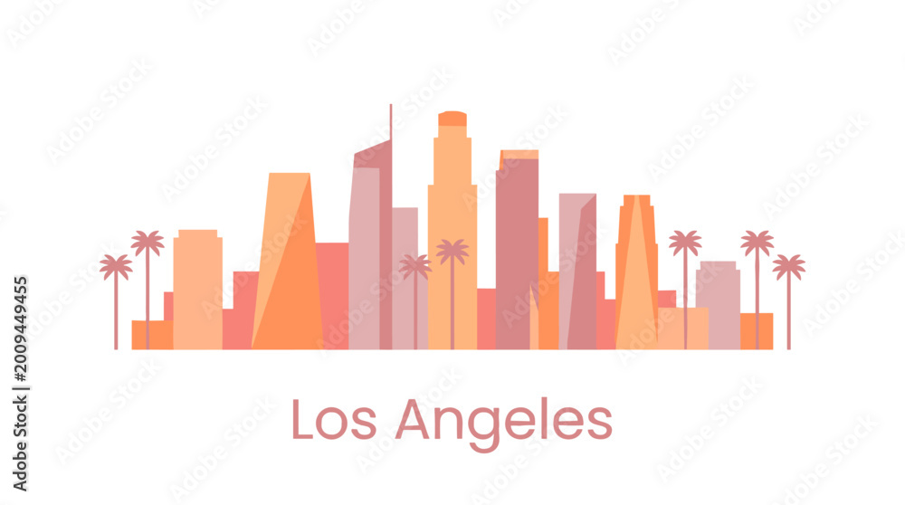 Obraz premium Los Angeles City Skyline Vector, Minimal LA Silhouette, Modern Urban Architecture, California Graphic, Pastel Flat Illustration