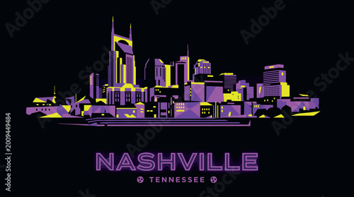 Stylized 2D Nashville city skyline illustration in purple and yellow neon tones on dark background, modern flat poster style