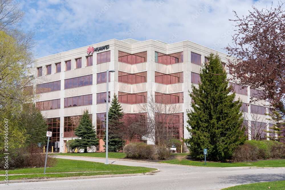 Fototapeta premium Markham, Ontario, Canada - May 3, 2026: Huawei Technologies Canada office building in Markham, Ontario, Canada, a Chinese networking, telecommunications equipment, and services company.