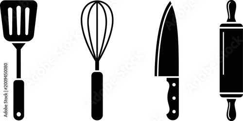 Photos Kitchen tools including spatula whisk knife and rolling pin isolated on transpar