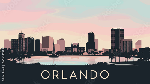 Stylized 2D Orlando city skyline with lake and palm trees at sunset in soft pastel tones, modern flat design