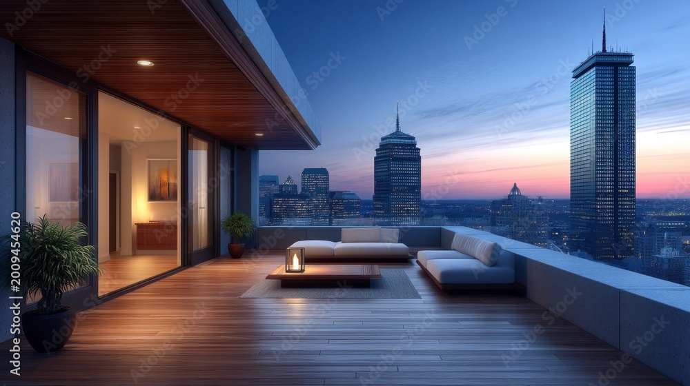 Fototapeta premium Elegant Urban Terrace with Comfortable Lounge Area Overlooking a City Skyline at Dusk, Modern Architecture and Peaceful Atmosphere
