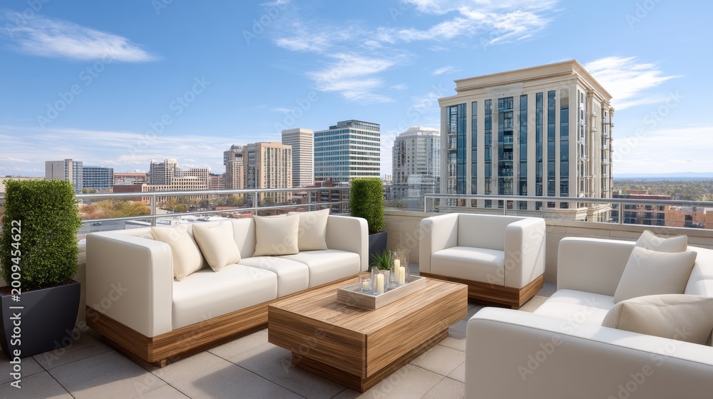 Fototapeta premium Modern Rooftop Lounge with Cozy Seating and Urban Skyline View Under Clear Blue Sky