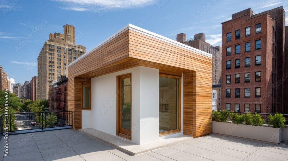 Fototapeta premium Modern rooftop structure with wooden paneling and urban skyline view, showcasing contemporary architecture and outdoor living space in a city setting