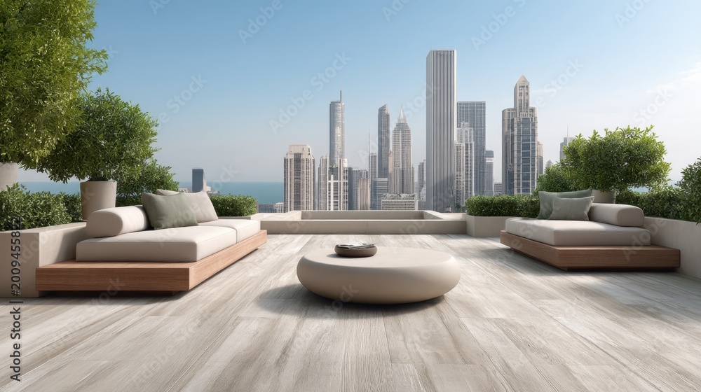Fototapeta premium Modern rooftop terrace with stylish outdoor furniture overlooking a vibrant city skyline and clear blue sky for luxury living, relaxation, and urban lifestyle