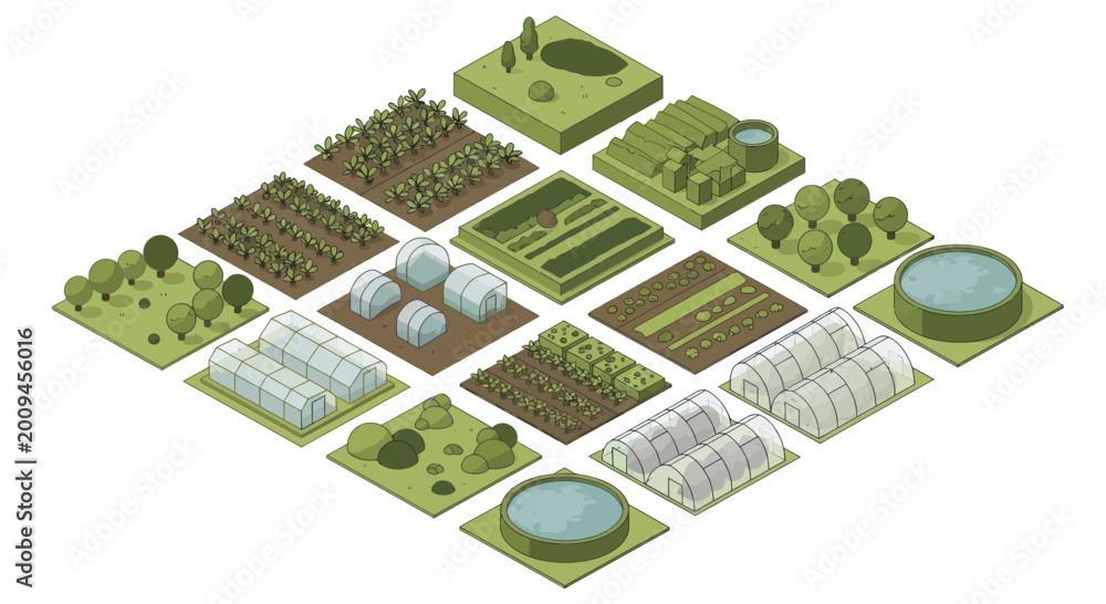 Fototapeta premium Isometric Farm Fields and Agricultural Elements Collection.