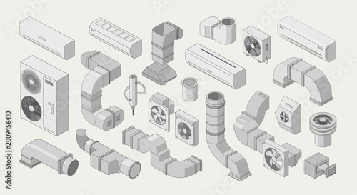 Isometric HVAC System Components and Ventilation Equipment Set.