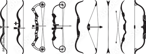 Set of archery bows in different styles with arrows for sports and hunting activities.