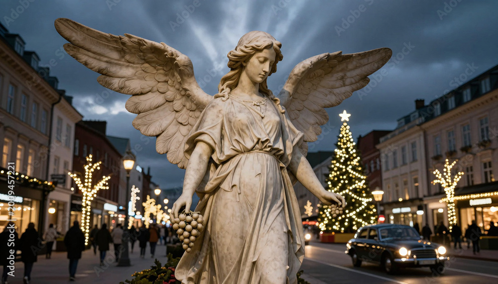 Fototapeta premium Angel Statue in Festive City Street During Evening Hours