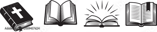Holy bible collection with open book pages and religious cross symbols for spiritual study and hope.