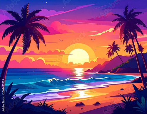 Vivid digital painting of a tropical sunset. Gentle waves crash onto a sandy beach, silhouetted palm trees frame the scene