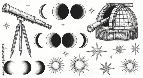 Fotografie Astronomical Telescope and Observatory with Celestial Bodies Engraving