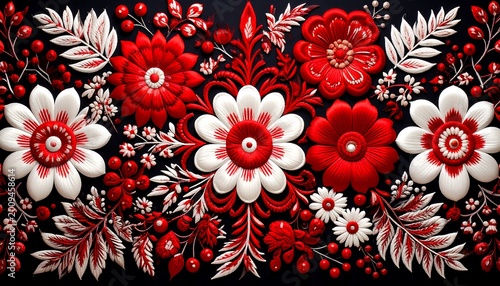 Vivid, embroidered-style floral design. Bold red & white flowers, detailed leaves & berries against a dark background, creating a rich, textural composition