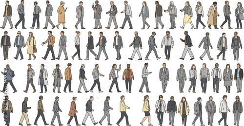 Set of various walking people silhouettes for architectural rendering.