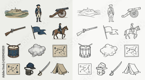 Cuadro en lienzo Collection of historical military icons depicting soldiers, weapons, and battle elements from the American Revolutionary War era
