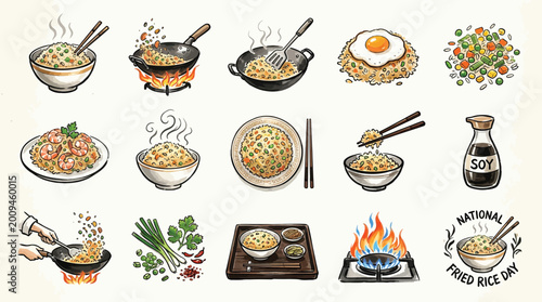 Photos Collection of illustrations depicting various stages and elements of preparing and serving delicious fried rice