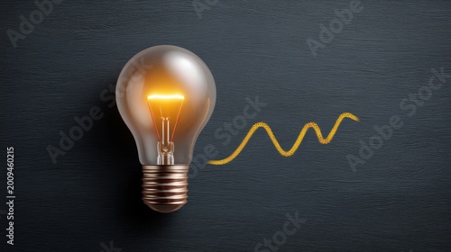 Creative Concept of a Light Bulb with a Glowing Filament and a Bright Yellow Wave on a Dark Background for Innovative Ideas and Inspiration