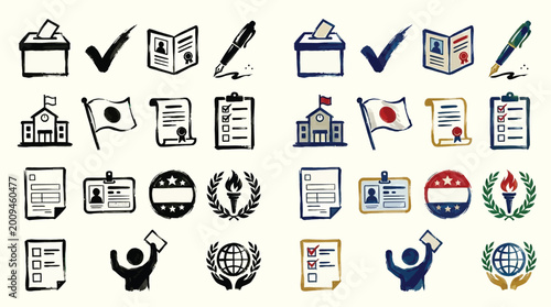 Billede på lærred Collection of election and voting related icons, including ballot boxes, checkmarks, identification cards, and official documents, presented in both sketch and color versions