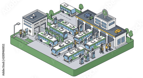Schilderij op canvas Isometric view of a modern bus depot with multiple buses and buildings