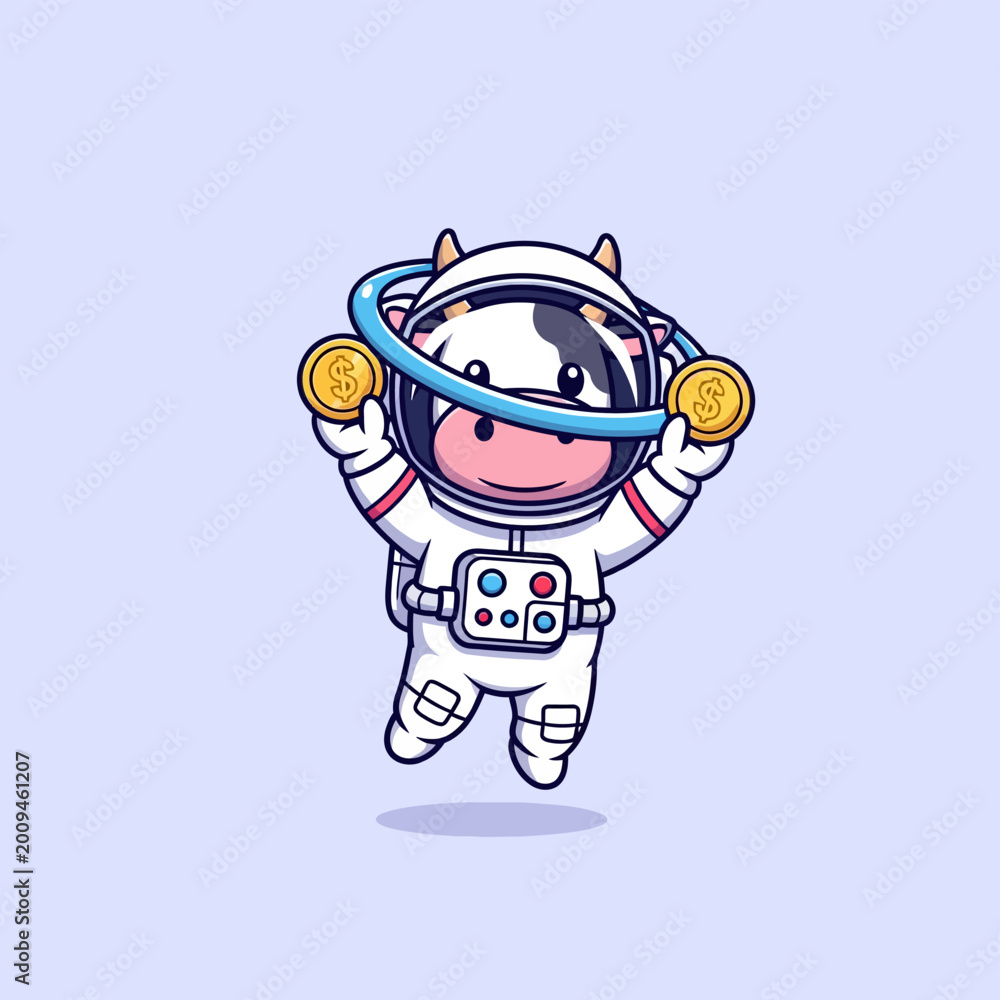 Obraz premium A cartoon cow in a spacesuit holding coins.