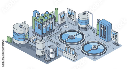 Fotografi Isometric Water Treatment Plant Illustration with Filtration Tanks and Purification System