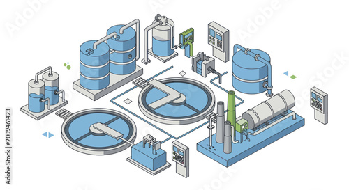 Schilderij op canvas Isometric Water Treatment Plant Illustration with Tanks and Filtration Systems