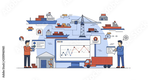 Logistics and Supply Chain Management Technology with Ships and Trucks.