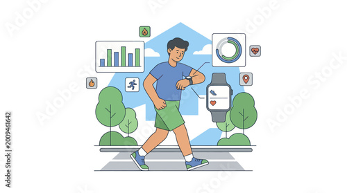 Man Walking with Smartwatch Tracking Fitness Data.