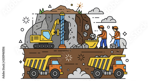 Photos Mining operation with heavy machinery and workers extracting resources