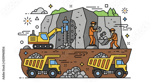 Fotografie Mining operations with heavy machinery and workers extracting resources from a mountain