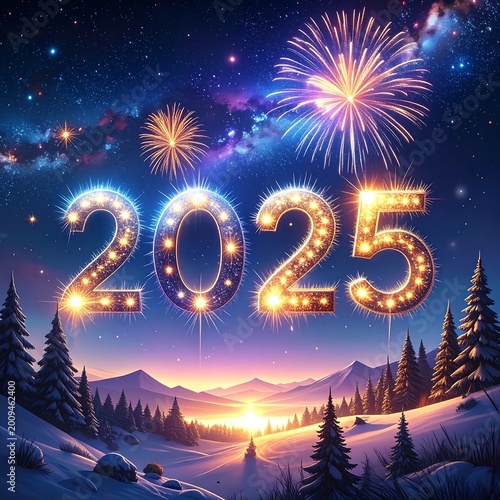 Vivid illustration celebrating a new year. Firework explosions illuminate the night sky above a snowy mountain landscape at sunset
