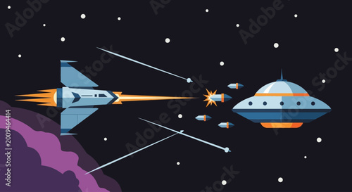 Foto Spaceship battle in outer space with laser beams and explosions