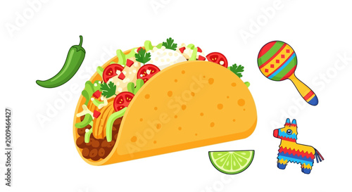 Fotografía Taco, chili, lime, maraca, and pi?ata