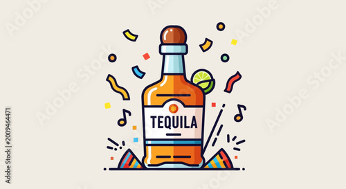 Photos Festive tequila bottle illustration with confetti and music notes for party cele