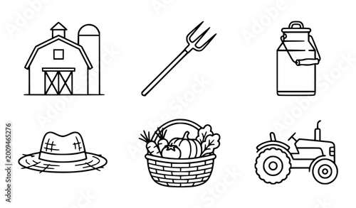 Foto Clean black and white outline vector farm and agriculture illustration set simpl