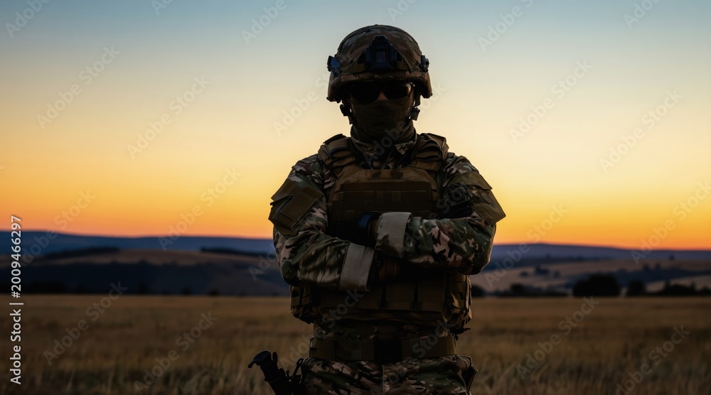 Fototapeta premium Soldier stands in field arms crossed at sunset. Camouflaged military personnel in tactical gear looks vigilant. He prepares for duty on horizon.