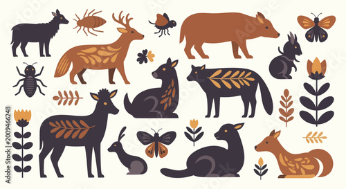 Collection of Stylized Forest Animals and Insects with Folk Art Patterns.