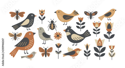Collection of various birds, butterflies, beetles, and flowers in a folk art style.