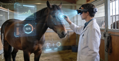 Veterinarian in augmented reality headset precisely monitors a horse's health data, showcasing the future of equine diagnostics and advanced animal care technology