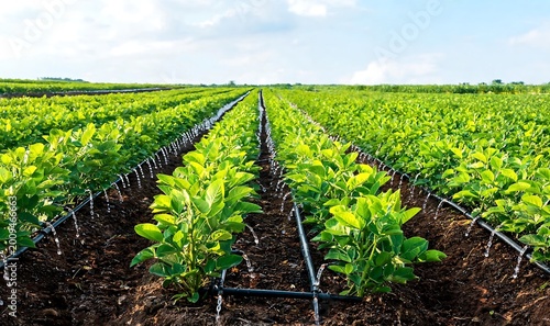 Rows of lush green crops thriving under efficient drip irrigation in a sunlit agricultural field, showcasing modern farming practices and sustainable growth for a healthier future
