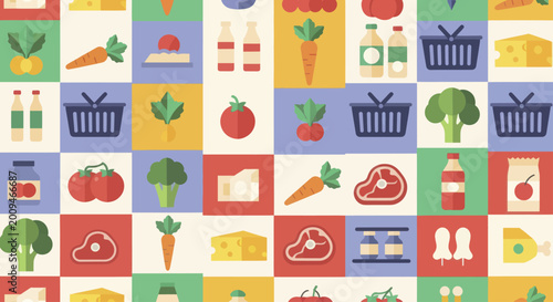 Colorful grocery shopping pattern with various food items and baskets.