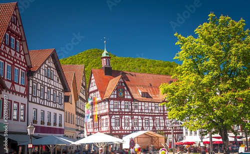 Market square and half-timbered town hall in Bad Urach, Baden-Württemberg, Germany