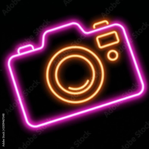 Vibrant neon-lit camera icon with pink and orange glow, symbolizing photography and creative technology, set against a dark background
