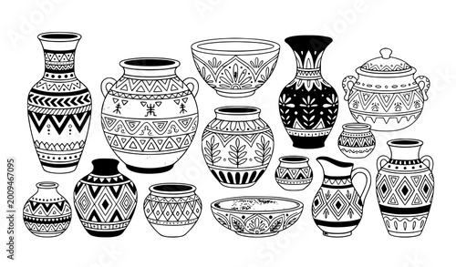 Foto Handcrafted clay pots and vases vector set with ethnic patterns and geometric de