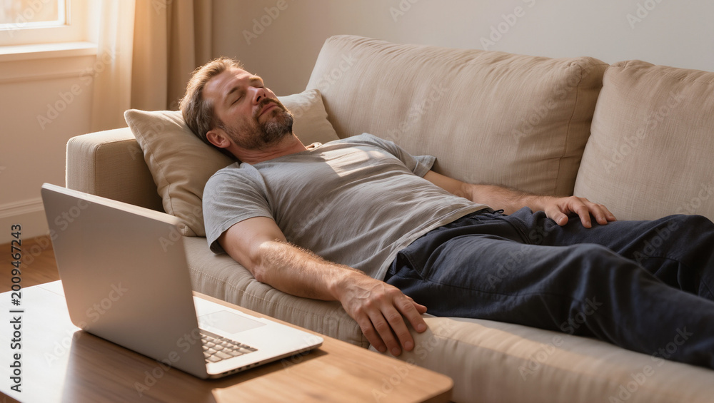 Fototapeta premium tired man lying on couch with laptop at home, exhausted remote worker resting on sofa after work, fatigue burnout stress concept