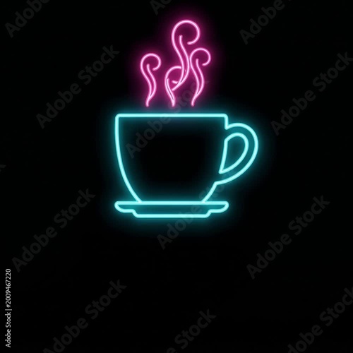 Neon-lit coffee cup with pink steam rising on a black background, glowing blue outline, hot beverage concept, futuristic minimalist design