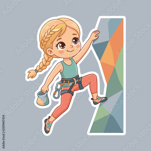 Cuadro en lienzo Cute Cartoon Girl Rock Climbing Adventure Illustration Sticker.